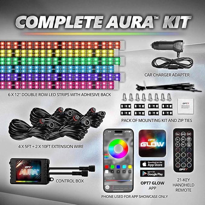 OPT7 Aura Pro 6PC Double LED Interior Strip Lights with APP & Remote Control, Multicolor Mode, Sound Active Inside Ambient Lighting Kit, Truck SUV RV Footwell Floor Decor, 12V Car Charger