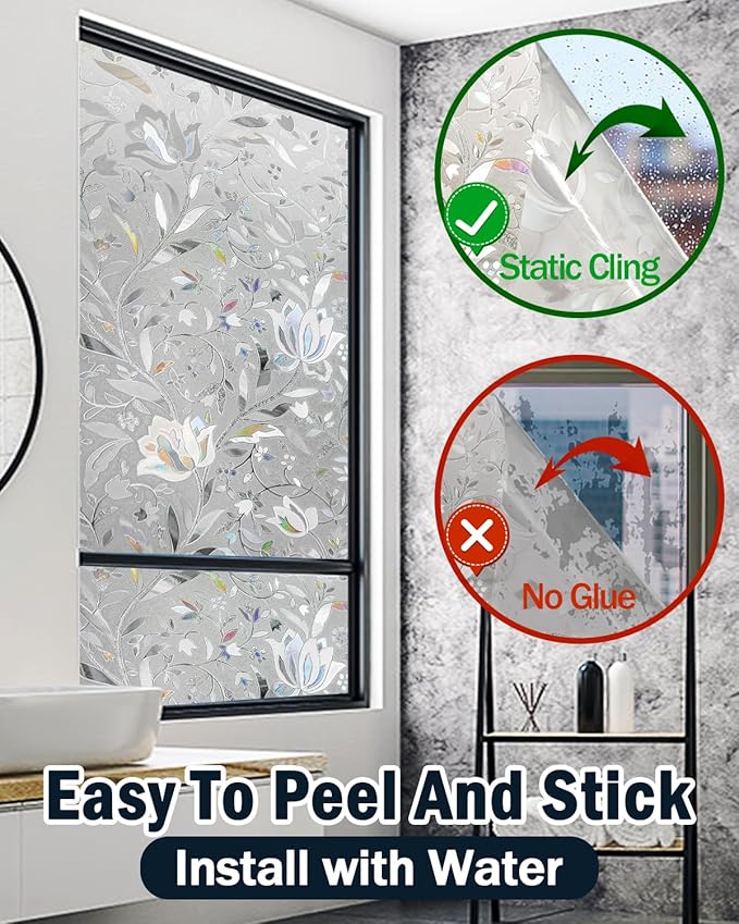 Frosted Tulip Patterned Window Privacy Film with Installation Tools, Stained Glass Decorative Film, Removable, Peep-Proof, Static Cling (23.6 x 78.7 Inch)