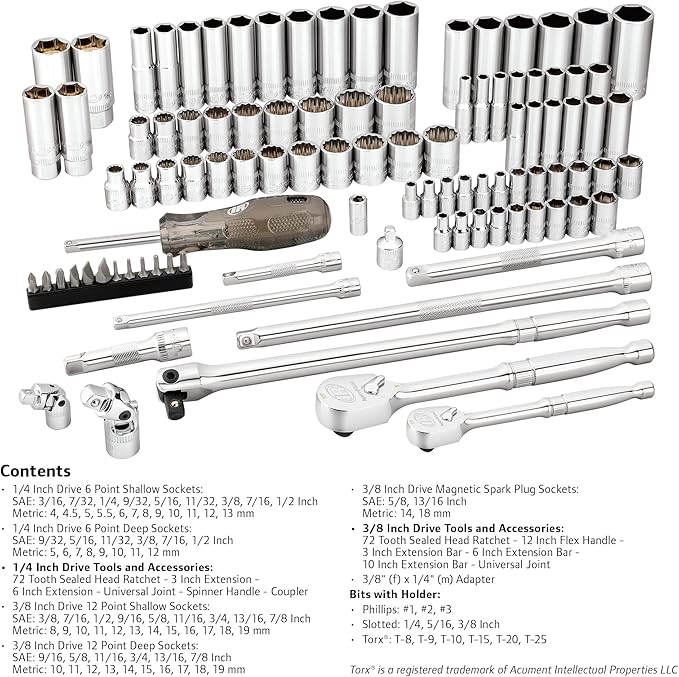 Ingersoll Rand 101 Piece SAE/Metric Master Mechanics Tool Set, Includes 1/4" & 3/8" Drive, 76 Sockets, 72-Tooth Seal-Head Ratchets, Tools & Accessories – 752020