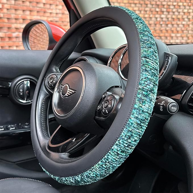 PINCTROT Chenille Leather Steering Wheel Cover, Soft Mottled Colors, Sweat-Proof, Non-Slip Grip, All-Season Comfort, Universal 14.5-15 Inch(Mottled Teal)
