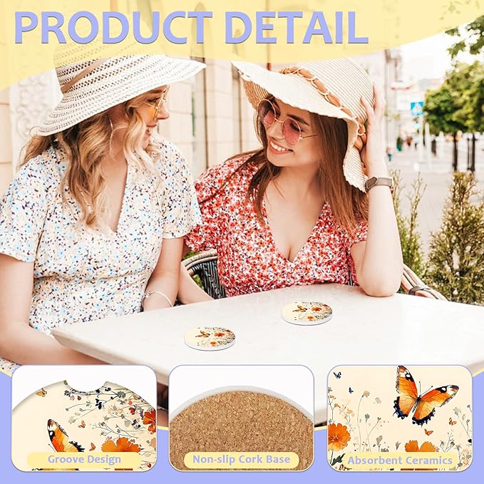 2 Pack Car Cup Holder Coaster-Butterfly Floral Absorbent Ceramic Coaster, Car Coasters for Cup Holders,Auto Accessories for Women & Men