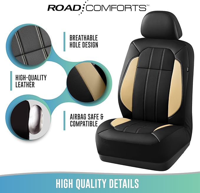 Road Comforts Car Seat Covers, Breathable Leather Seat Covers, Car Seat Covers Full Sets Airbag Compatible, Automotive Seat Covers for Most Cars, Vans, Trucks, SUV - Beige