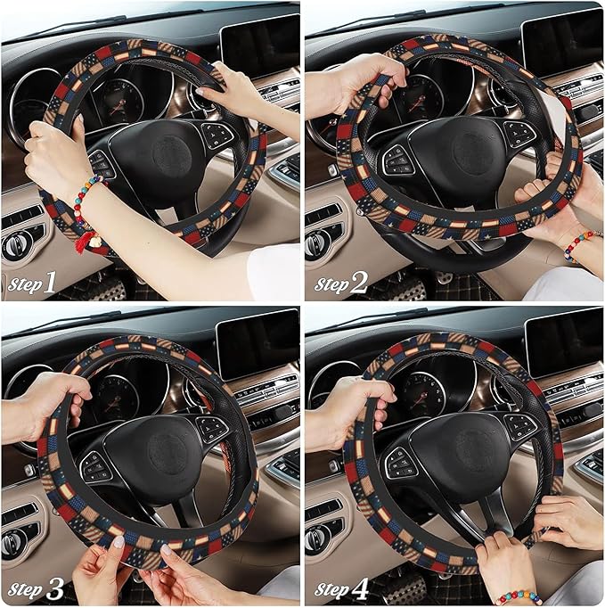 Vintage American Flag Steering Wheel Cover, Elastic Non-Slip Steering Wheel Protector,Auto Interior Decor for Women Girls,Universal 15" Fit for Sedans,Trucks