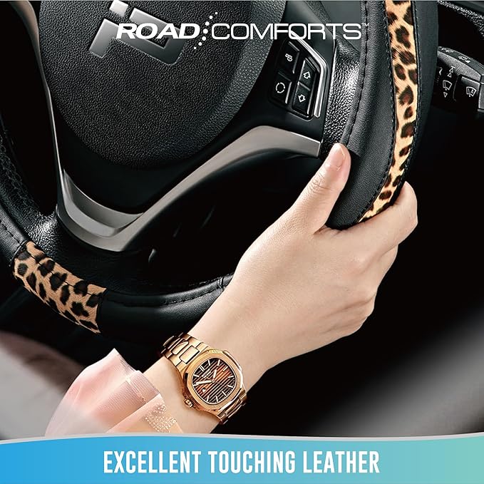 Road Comforts Steering Wheel Cover - Made with PVC Leather and Leopard Fabric - Universal 14 1/2 inches to 15 inches for Most Automotive Steering Wheel - Cheetah Print - Black