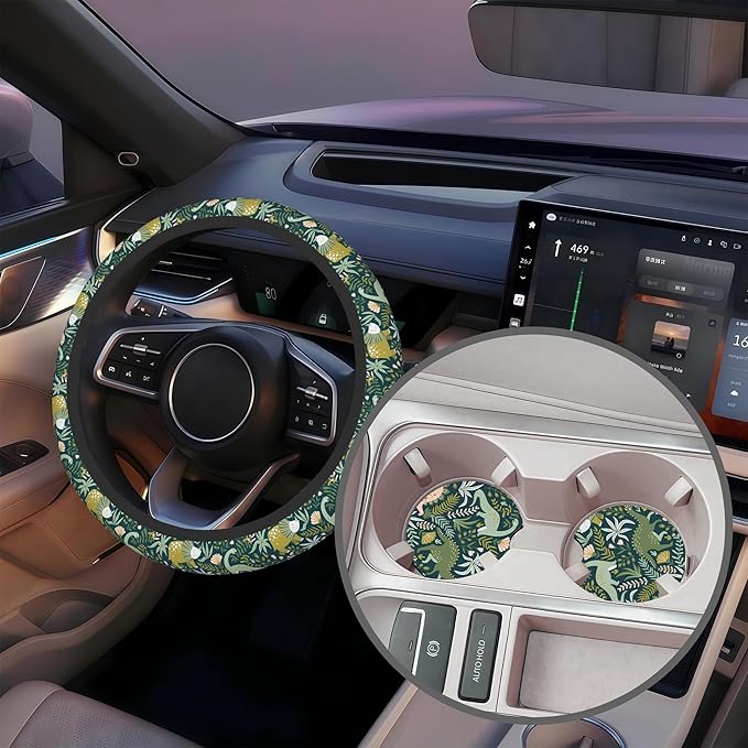 Dinosaurs and Tropical Leaves Steering Wheel Cover with 2 Pcs Car Coasters Neoprene Steering Wheel Cover for Women Men Anti-Slip Breathable Car Accessories Universal 15 Inch Fit Auto Cars Trucks