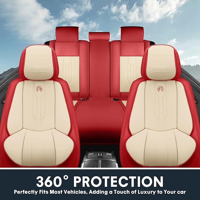AOOG Car Seat Covers Full Set, Leather Seat Covers for Car, Waterproof Car Seat Protector with Lumbar Support, Automotive Seat Covers Universal Fit for Most Cars SUV Trucks (Full Set, Red)