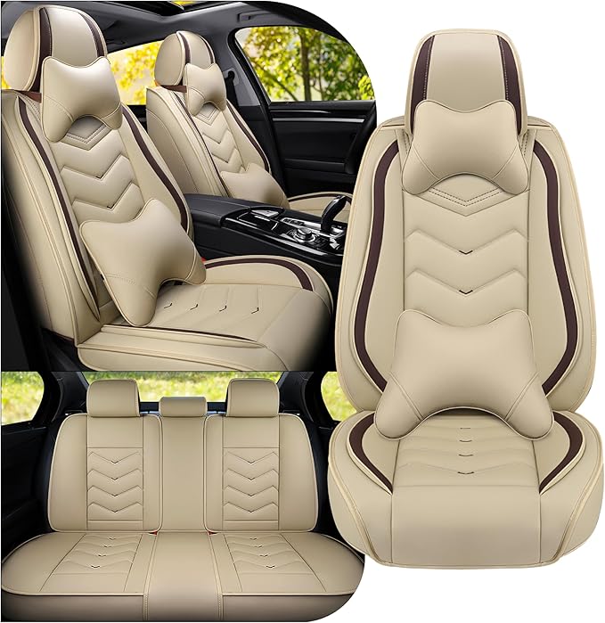 Car Seat Covers Fit for Toyota Camry 2000-2025, Stylish Sport Seat Covers, Waterproof Wear-Resistant Premium Nappa Leather Car Seat Cover.(Full Set with Pillow/Beige)