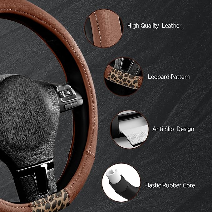 Road Comforts D-Type Steering Wheel Cover - Made with PVC Leather and Leopard Fabric - Universal Fit for 15-Inch D-Shaped Automotive Steering Wheels (Brown Color)