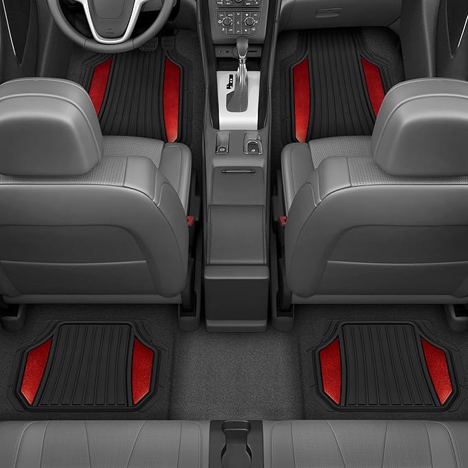 Motor Trend ChromeTech Car Floor Mats Full Set - Durable Rubber Floor Mats for Cars with Two Tone Accent, All Weather Interior Protection for Front and Rear with Non-Slip Backing, Red Chrome