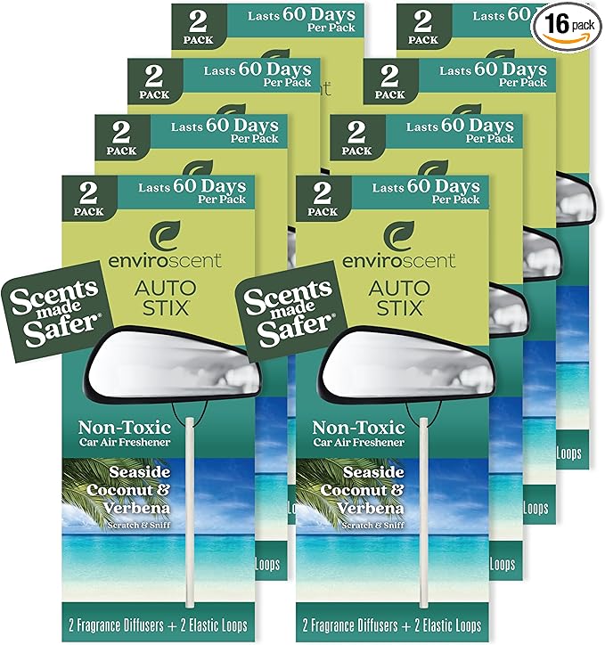 Enviroscent Non-Toxic Car Air Freshener | Natural Car Air Freshener | Essential Oil Diffuser | Car Scent Lasting Over 480 Days | 8 Packs of 2 Hanging Auto Stix (Seaside Coconut & Verbena)