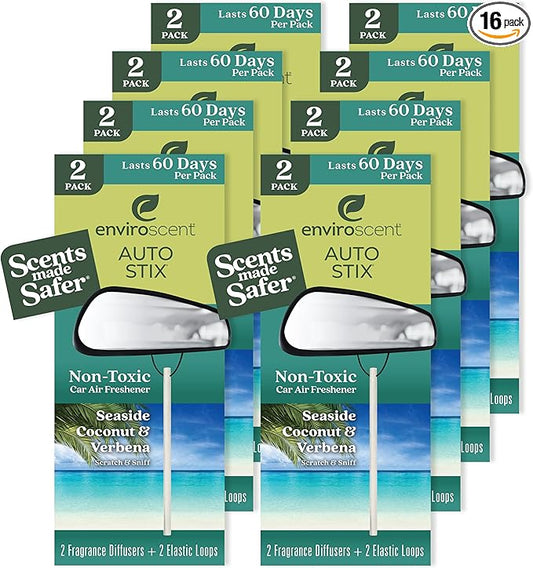 Enviroscent Non-Toxic Car Air Freshener | Natural Car Air Freshener | Essential Oil Diffuser | Car Scent Lasting Over 480 Days | 8 Packs of 2 Hanging Auto Stix (Seaside Coconut & Verbena)