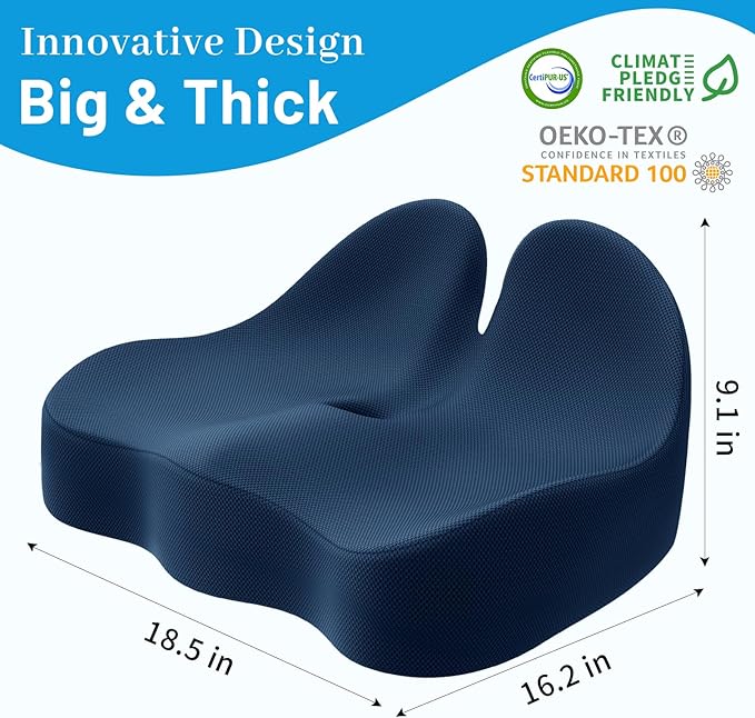 Seat Cushion, Memory Foam Office Chair Cushions, Ergonomic Curved Design for Sciatica, Tailbone, Coccyx, Seat Support for Car, Desk Chair, Wheelchair, Enhances Long Sitting Comfort (Blue)