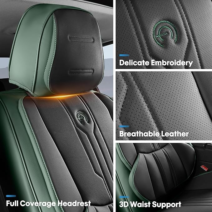AOOG Seat Covers Custom Fit for Dodge Ram 1500/2500/3500 2002-2025 Faux Leather Seat Cover Set Compatible with Crew, Regular, Quad, Mega Cab, Car Truck Cushions (Blackgreen, Curved Rear, Full Set)