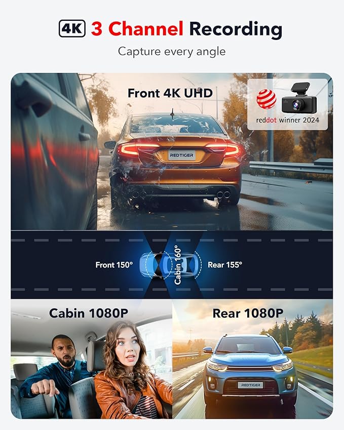 REDTIGER F17 4K 3 Channel Dash Cam, 5GHz WiFi Built-in GPS with 64GB Card, 2160P+1080P+1080P Front and Rear Inside, Triple Car Camera with 3 Inch Screen, IR Night Vision, G Sensor, WDR, Parking Mode