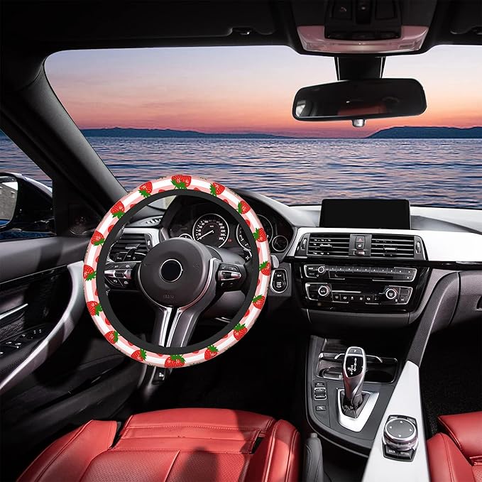 Strawberry Car Steering Wheel Cover, Pink Striped Non-Slip Absorbing Sweat Car Wheel Cover Accessories for Men Women,Universal 15" Fit Auto SUV Vans Trucks