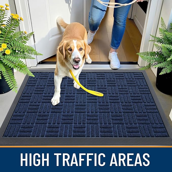 OLANLY Front Door Mat Outside Entrance 47x17, Absorbent, Heavy Duty Sturdy Natural Rubber Doormat Indoor Outdoor, Non-Slip, Stain and Fade Resistant, Low Profile Floor Mat for Entryway, Navy Blue