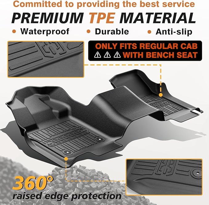 TripleAliners Floor Mats All Weather Liner Compatible with 2015-2024 2025 Ford F150 Regular Cab Accessories 1st Row TPE Liner for Bench Seat with Vinyl Flooring 1pc