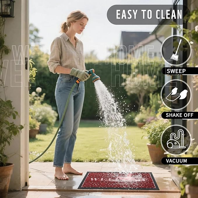 Yimobra Christmas Door Mat Outdoor Indoor 29.5x17, All-Weather Waterproof Front Door Mat Outside Entrance, Non-Slip Low Profile Porch Patio Welcome Doormat, Red