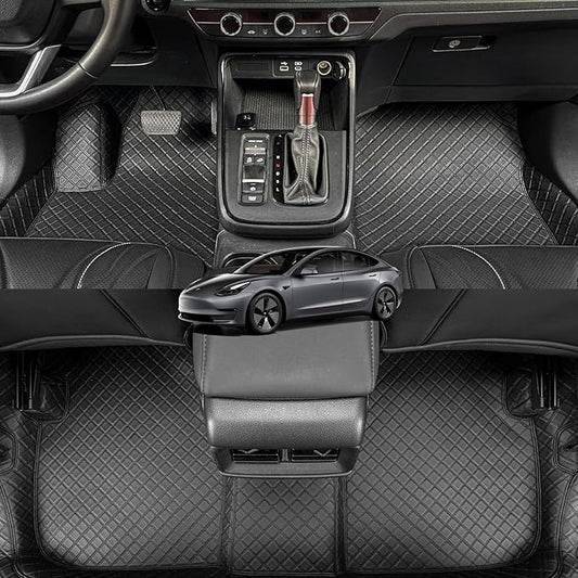 EKR Custom Floor Mats for Tesla Model 3 2024-2025, Front & 2nd Row Luxury Car Floor Mat Fit Model 3 2024 2025 - Leatherette Floor Liners (Black and Black Stitching)