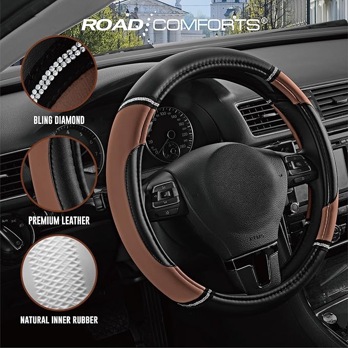 Road Comforts Leather Steering Wheel Cover - Made with PVC Leather - Anti-Slip, Universal Fit 14 1/2 inches to 15 inches - Brown