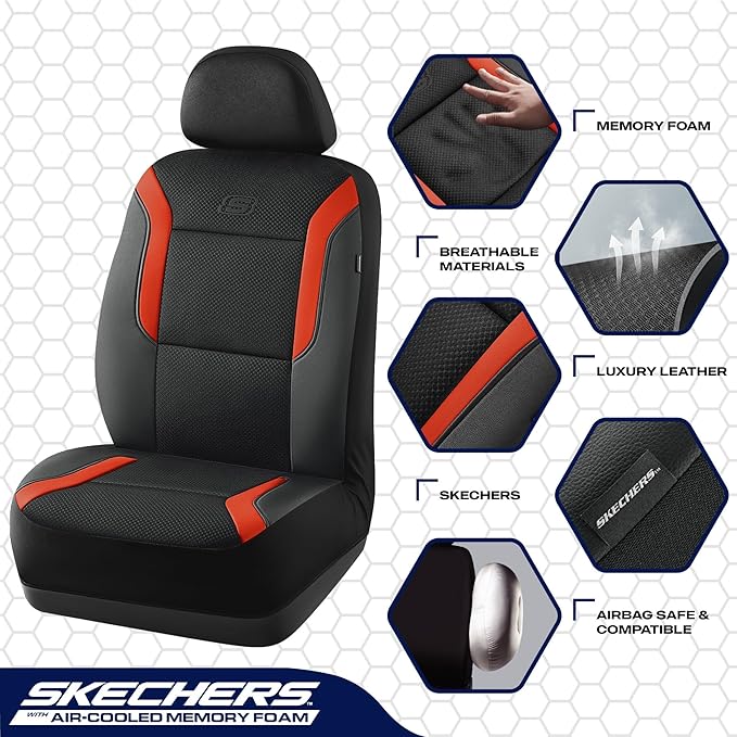Skechers Memory Foam Car Seat Covers, Air Cool Mesh Thick Seat Covers, Car Seat Full Sets, Airbag Compatible, Automotive Comfort Protection for Most Cars,Vans,Trucks, SUVs,Orange