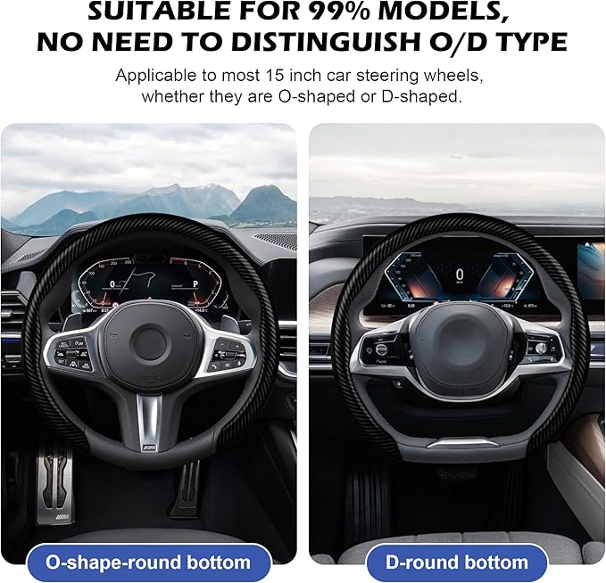 frani Leather Steering Wheel Cover, Universal 15 Inch Premium Non-Slip Steering Wheel Cover Black Carbon Fiber Texture