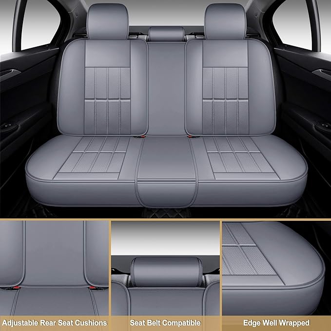 AOOG Leather Car Seat Covers for Cars SUV Pick-up Truck, Universal, Rear, Gray