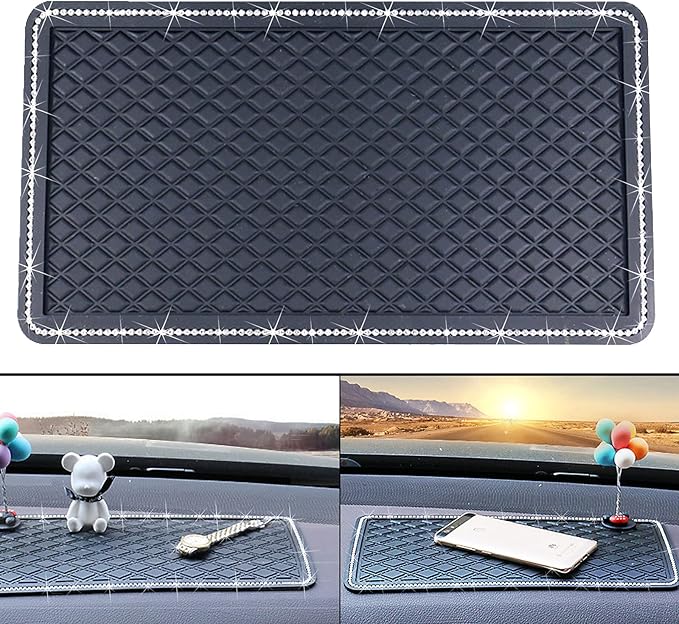 Anti-Slip Car Dash Grip Pad for Cell Phone, Keychains, Sun Glasses,Stand,New Handmade Crystal Rhinestone Mat for Navigation Cell Phone 11.5 x 6 inch (Black)