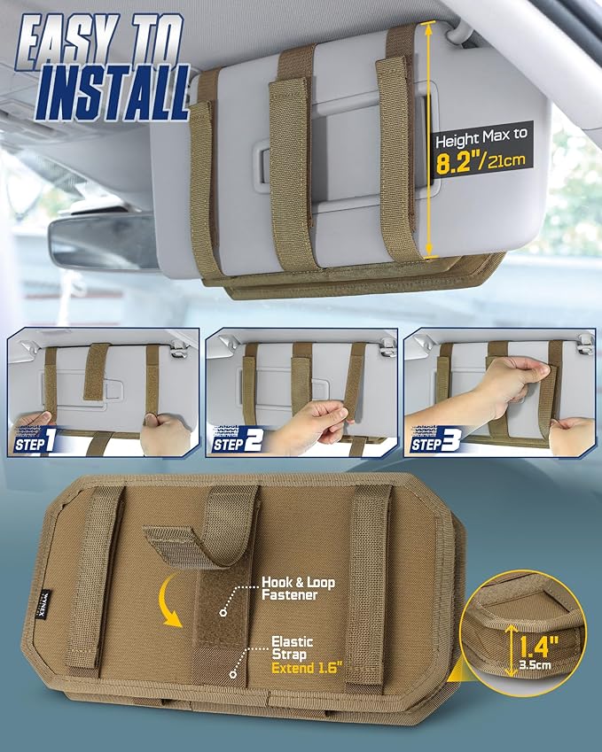 WYNEX Molle Car Sun Visor Organizer, Original Design Car Accessories with Zipper Visor Storage Pouch & Glasses Clip, Semi-Rigid Molle Panel for Tactical Gears, Fits Most Vehicles, SUVs, Trucks