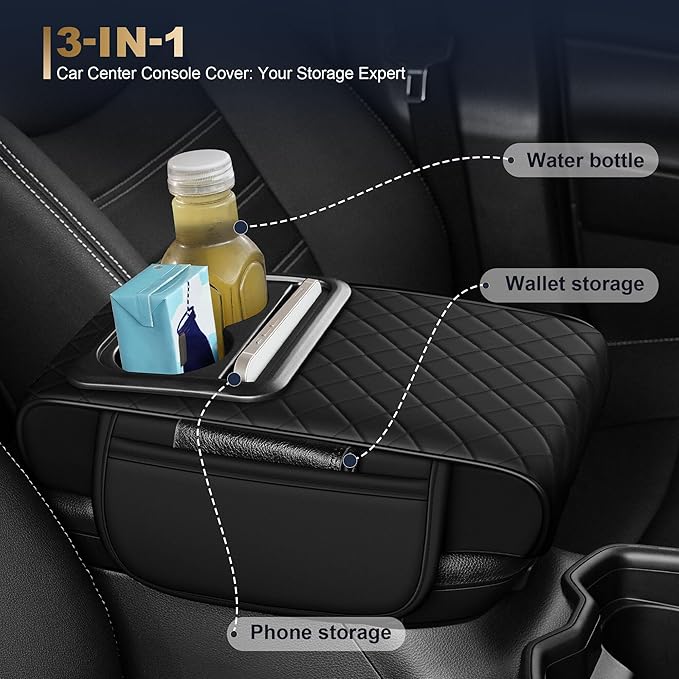 YORKNEIC Upgraded Car Center Console Cover with Cup Holder 2 Storage Bags - Faux Leather Arm Rest Cover Fit for Ford Bronco,Middle Console Cover Multi-Functional Car armrest Cushion(Black)