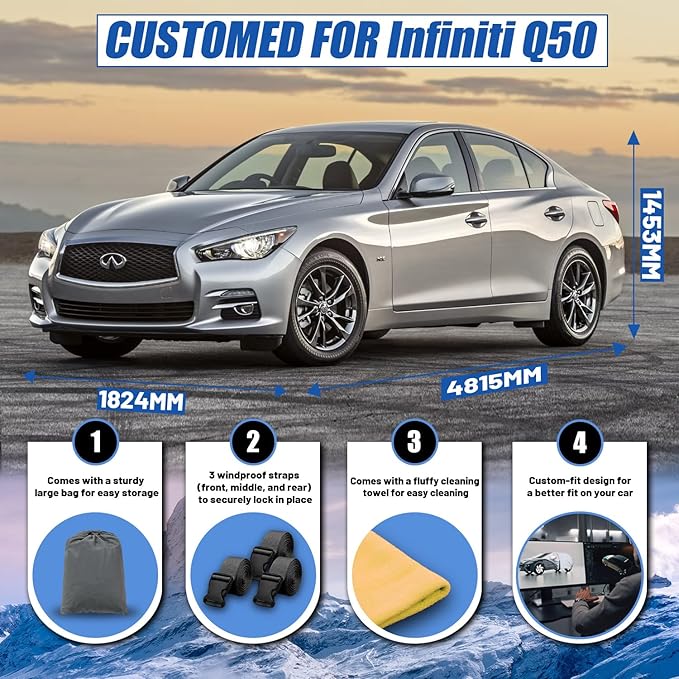 [2025 Upgrade] Car Cover Custom Fit for Infiniti Q50 Sedan (2013-2025), Waterproof All Weather for Automobiles Full Exterior Cover Rain Sun Snow UV Protector.