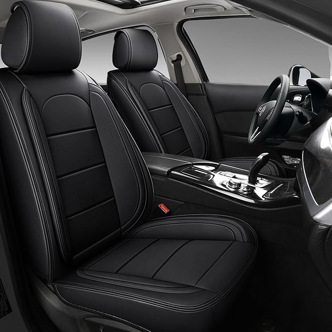 AOOG Leather Car Seat Covers with Car Backseat Organizer, Universal fit Automotive Vehicle Most Sedan SUV Pick-up Truck (Front Pair, Black)
