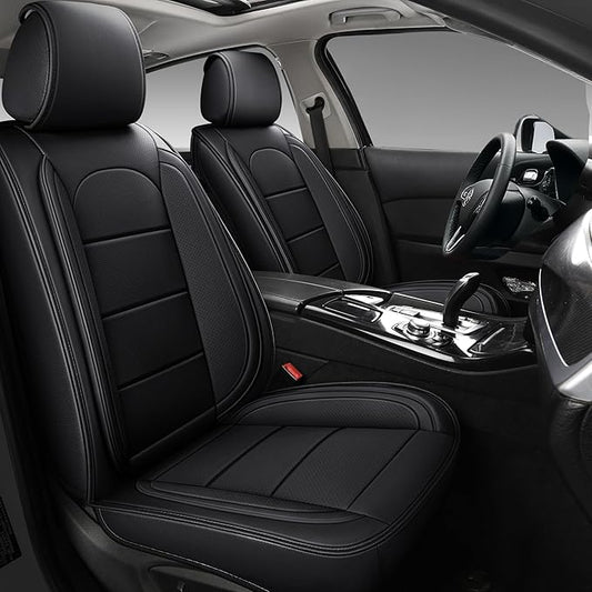 AOOG Leather Car Seat Covers with Car Backseat Organizer, Universal fit Automotive Vehicle Most Sedan SUV Pick-up Truck (Front Pair, Black)