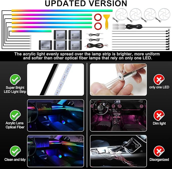 Dreamcolor Acrylic Interior Car LED Strip Light with Wireless APP, RGB 22 in 1 with 175 inches 600 LEDs Fiber Optic Ambient Lighting Kits, Dynamic Chasing Music Sync Neon LED Strip for Car Accessories
