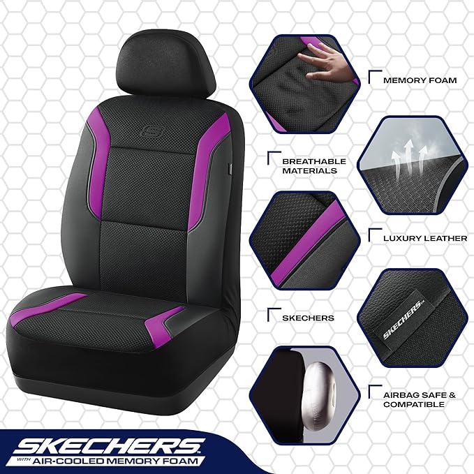 Skechers Memory Foam Car Seat Covers, Air Cool Mesh Thick Seat Covers,Car Seat Covers Front Seats,Airbag Compatible, Automotive Comfort Protection for Most Cars,Van,Trucks, SUVs,Purple