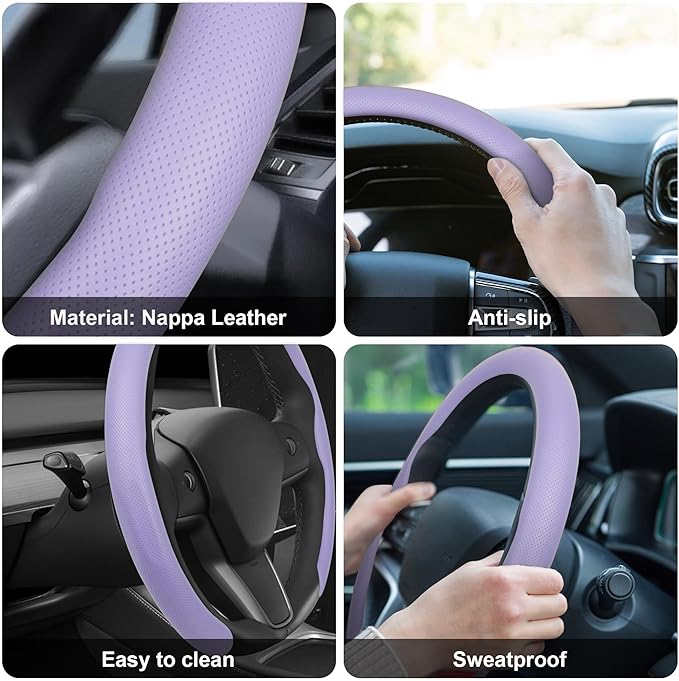 frani Leather Steering Wheel Cover, Universal 15 Inch Premium Non-Slip Steering Wheel Cover Light Purple