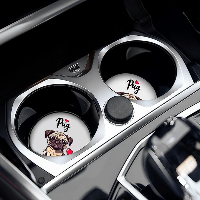 2 Pack Pug Car Cup Holder Coaster, Cute Pug Car Interior Accessories Drink Coaster for Women & Men, Pug Lovers Themed Gifts Stuff Accessories Things Merchandise Items!