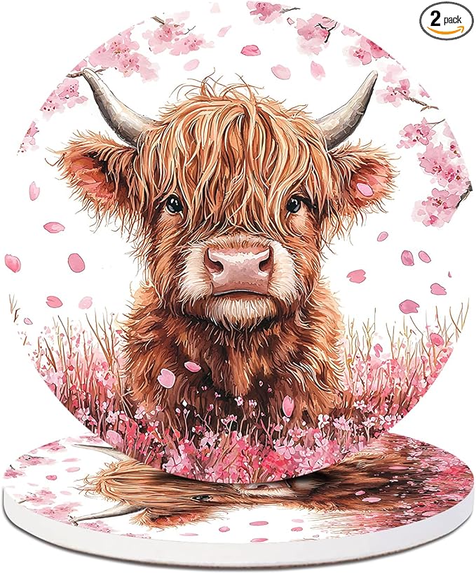 2 Pack Car Cup Holder Coaster-Highland Cow Absorbent Ceramic Coaster,Cherry Blossom Car Coasters for Cup Holders,Auto Accessories for Women & Men