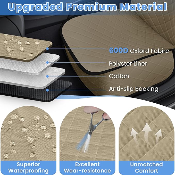 Dog Car Seat Covers, Waterproof Front Seat Cover for Dogs, Scratch-Proof, Nonslip Pet Passenger Seat Cover Protector, Universal Fit for Cars Trucks SUVs, Large Size, Khaki