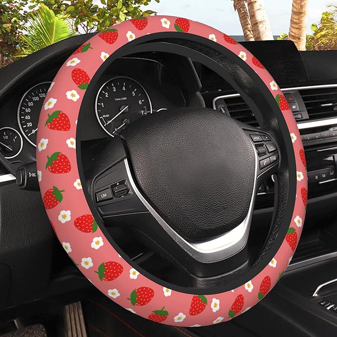 Strawberry Steering Wheel Cover,Strawberries Flower Elastic Non-Slip Steering Wheel Protector,Auto Interior Decor for Women Girls,Universal 15" Fit for Sedans,Trucks
