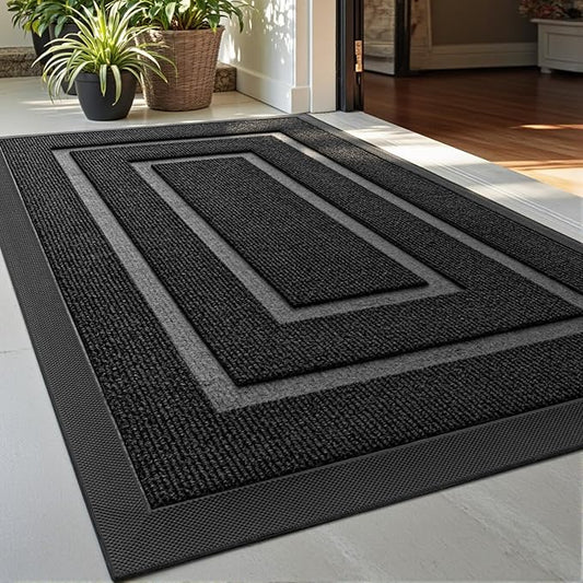 DEXI Front Door Mat Outside Entrance, Heavy Duty Rubber Backed Doormat, Stain and Fade Resistant, Low-Profile Easy Clean Entryway Floor Mats, 17x29, Rectangles Black