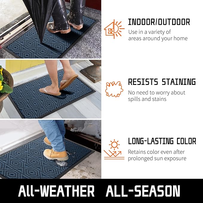 Yimobra Door Mat, Outdoor Indoor Entrance Welcome Mat, Heavy Entry Front Door Mat, Stain & Fade Resistant, Low Profile, Sturdy Rubber, Easy Clean Patio Floor Mat, Waterproof, 47 x 32, Blue