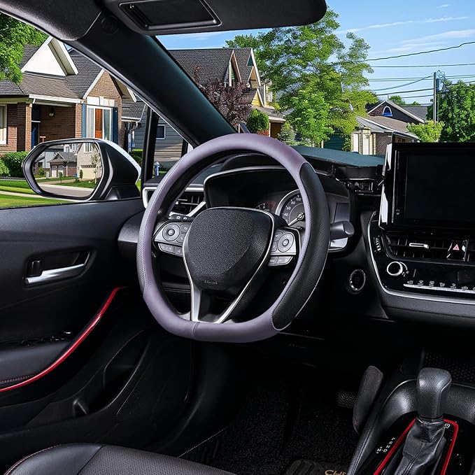 SEG Direct D Shaped Steering Wheel Cover for 14.5-15 inch Flat Bottom Wheels, Breathable Perforated Microfiber Leather, Anti-Slip Grip, Universal Fit for Cars & SUVs, Black and Light Purple