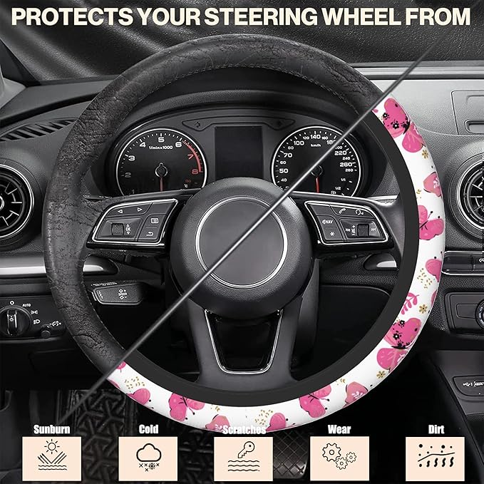 Pink Butterfly Car Steering Wheel Cover, Non-Slip Absorbing Sweat Car Wheel Cover Accessories for Men Women,Universal 15" Fit Auto SUV Vans Trucks