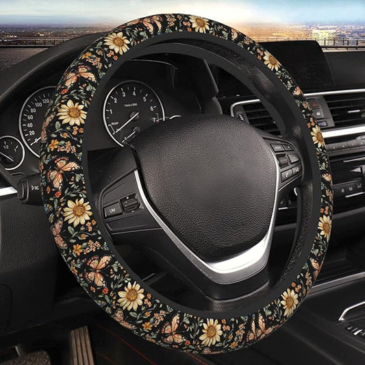 Flowers Colorful Butterflies Steering Wheel Cover for Women Girls, 15 Inches Anti-Slip Steering Wheel Cover for Auto Truck SUV