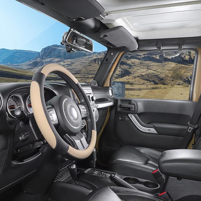 SEG Direct Car Steering Wheel Cover Large-Size for F150 F250 F350 Ram 4Runner Tacoma Tundra Range Rover with 15 1/2 inches-16 inches Outer Diameter, Black and Beige Microfiber Leather