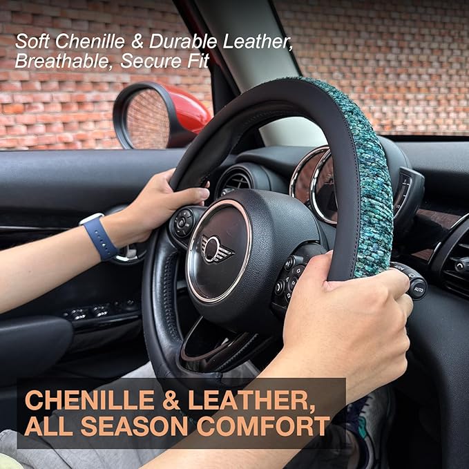 PINCTROT Chenille Leather Steering Wheel Cover, Soft Mottled Colors, Sweat-Proof, Non-Slip Grip, All-Season Comfort, Universal 14.5-15 Inch(Mottled Teal)