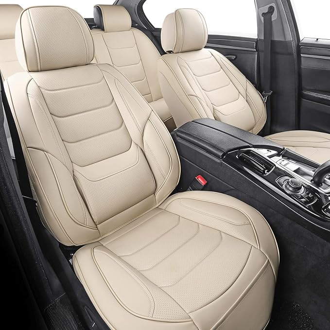 Leather Front Car Seat Covers Breathable Seat Covers Waterproof Seat Protectors Universal Fit for Most Automotive Cars SUV Trucks Van (Beige, Front Pair)