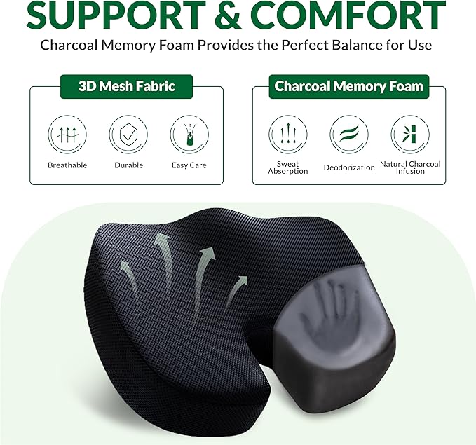 Seat Cushions for Office Chairs Car Airplane,Charcoal Memory Foam Seat Cushion,Ergonomic Tailbone Pain Relief Cushion, Sciatica & Back Support with Anti-Slip Bottom and Handle