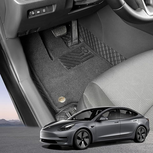 EKR Custom Floor Mats for Tesla Model 3 2024-2025, Front & 2nd Row Luxury Double Layer Car Floor Mat Liner Fit Model 3 2024 2025 - Leatherette Plus Carpet (Black)